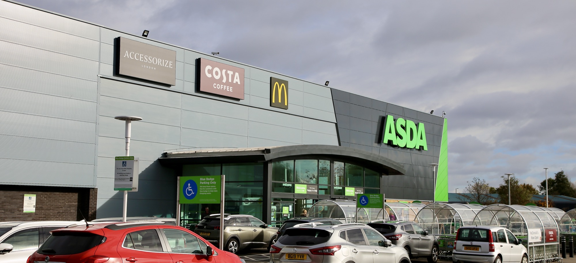 Asda, Accessorize, Cost Coffee and Mcdonalds Signage