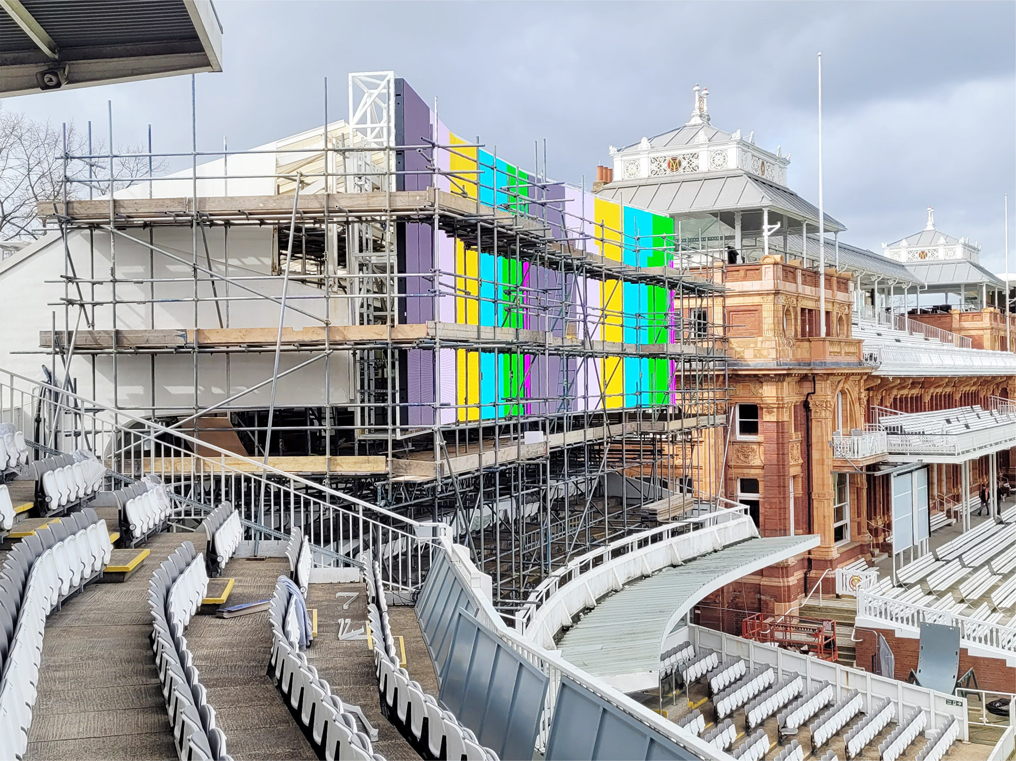 Scaffolding on the Ashleigh cricket grounds, scoreboard set up